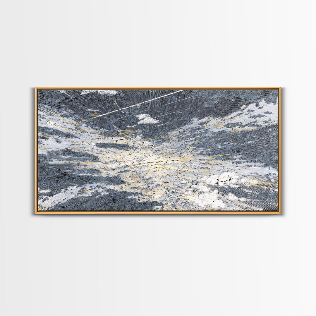 Abstract Ocean Clouds With Gold Network Wall Art, Textured Art Print, Blue Gray Modern Art, Dreamy Wall Art, Office Decor