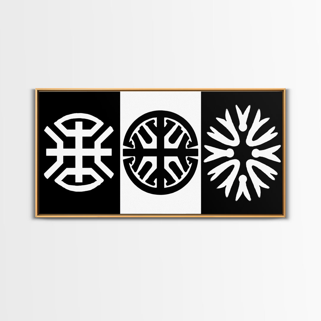 Black White Tribal Symbols Framed Canvas Print, Geometric Abstract Wall Art, African Inspired Decor, Minimalist Office Art