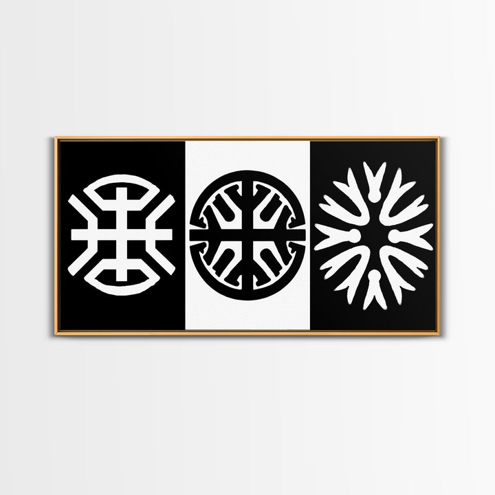 Black White Tribal Symbols Framed Canvas Print, Geometric Abstract Wall Art, African Inspired Decor, Minimalist Office Art