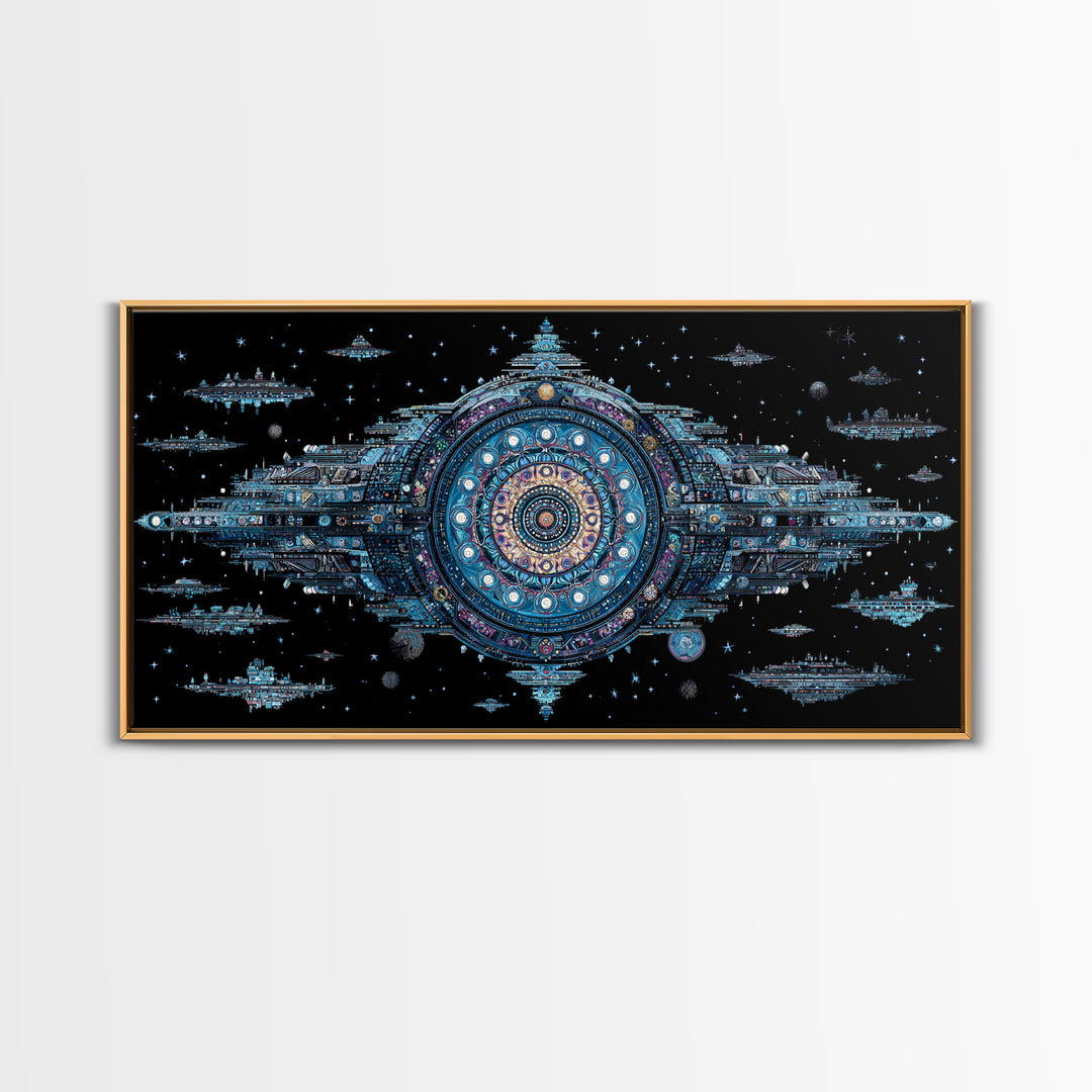 Ornate Cosmic Space Station Canvas Print, Blue Sci Fi Mandala Wall Art, Futuristic Digital Art, Modern Office Decor Gift