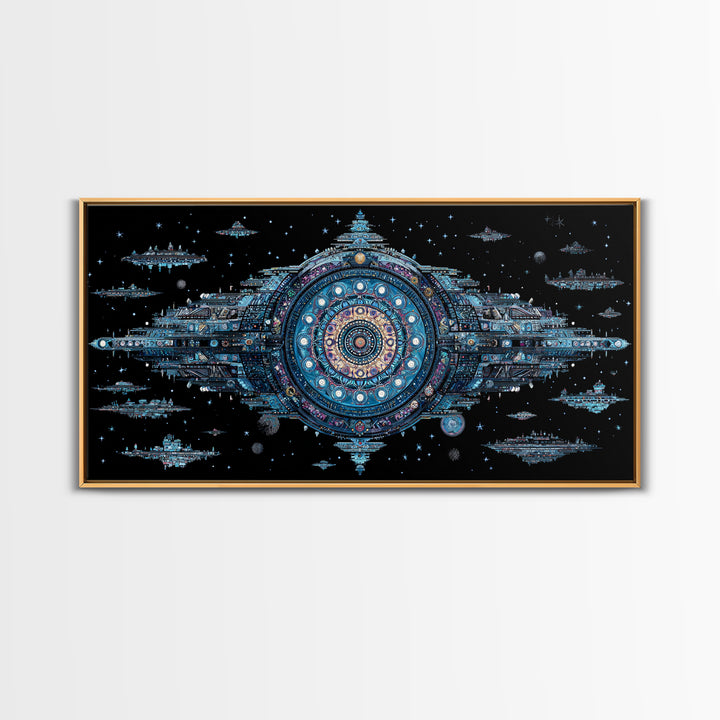 Ornate Cosmic Space Station Canvas Print, Blue Sci Fi Mandala Wall Art, Futuristic Digital Art, Modern Office Decor Gift