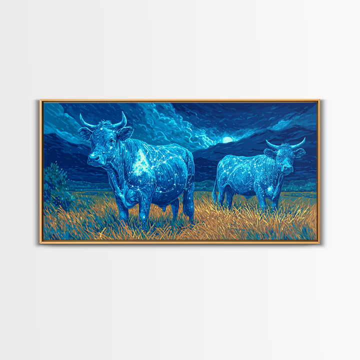 Glowing Blue Bulls In Moonlit Field Wall Art, Animal Landscape Painting, Nature Canvas Decor, Rustic Farmhouse Gift For Home
