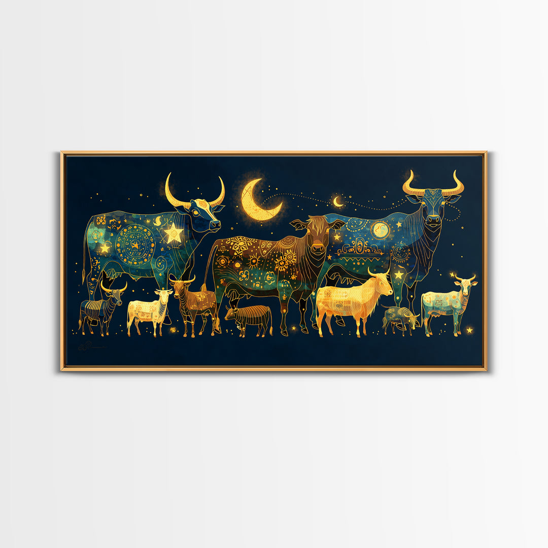 Celestial Folk Cattle And Goats Wall Art, Gold Blue Animal Canvas Decor, Moon Stars Farm Painting, Boho Home Decor Gift For Her
