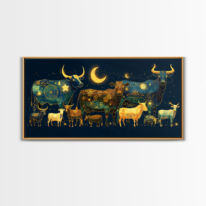Celestial Folk Cattle And Goats Wall Art, Gold Blue Animal Canvas Decor, Moon Stars Farm Painting, Boho Home Decor Gift For Her