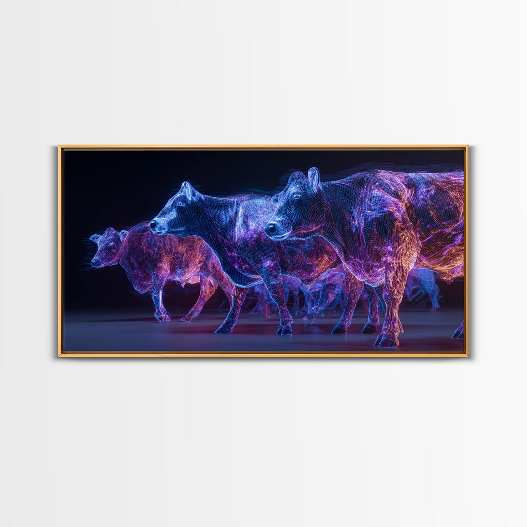 Neon Blue And Purple Cows Canvas Print, Glowing Animal Wall Art, Modern Digital Farm Decor, Bold Office Art, Unique Gift