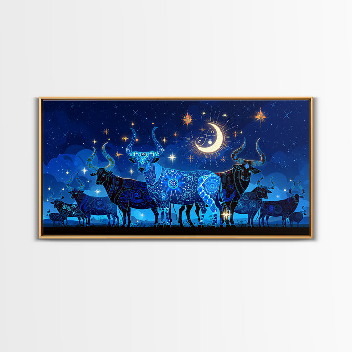 Starry Blue Cattle Under Crescent Moon Wall Art, Celestial Animal Canvas Decor, Night Sky Painting, Boho Home Decor Gift