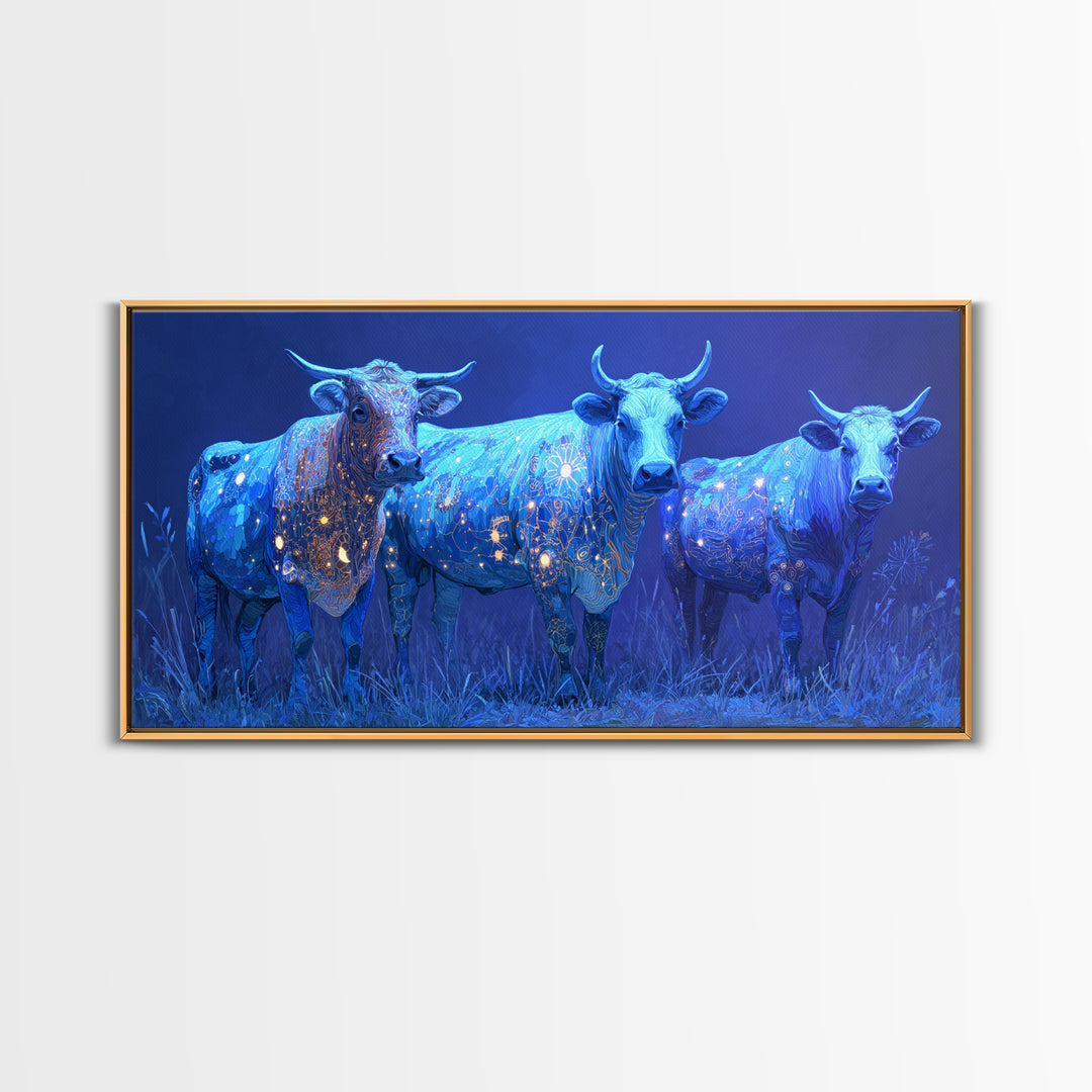 Glowing Blue African Cattle Under Moonlight Canvas Print, Safari Animal Wall Decor, Modern African Art, Blue Living Room Art