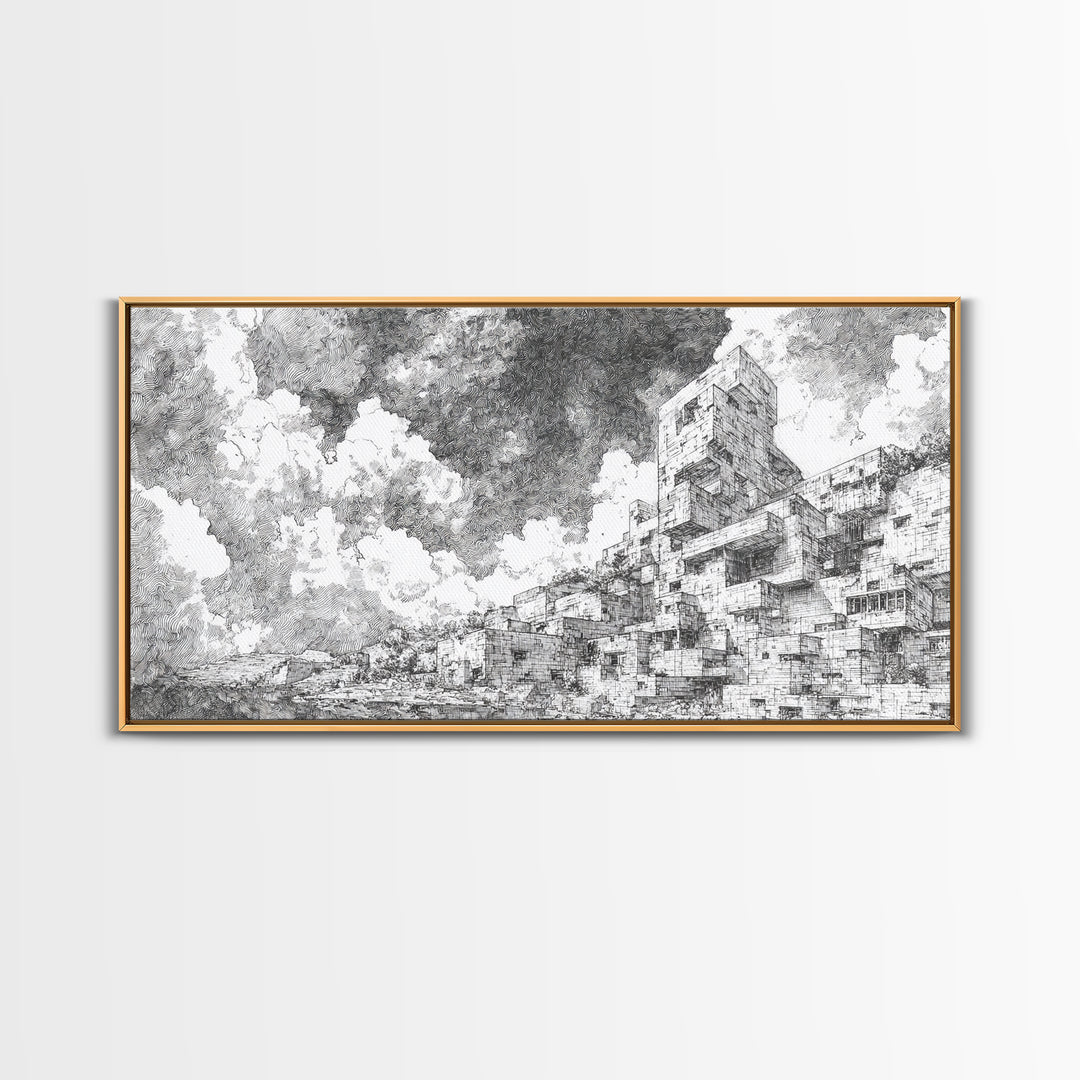Black And White African City Sketch Wall Art, Urban Landscape Drawing, Minimalist Architecture Print, Modern Home Office Decor