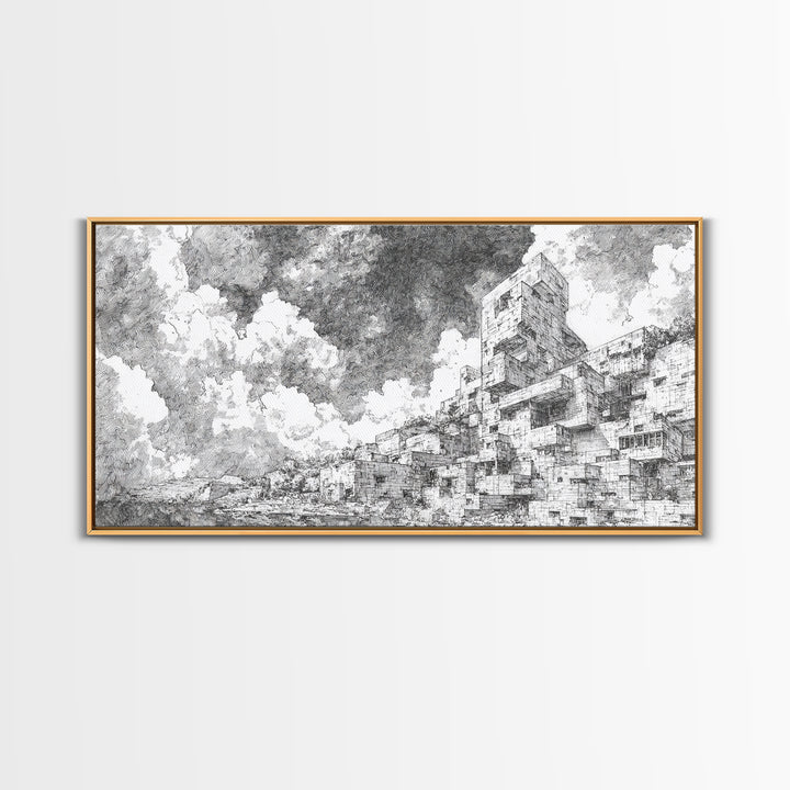 Black And White African City Sketch Wall Art, Urban Landscape Drawing, Minimalist Architecture Print, Modern Home Office Decor