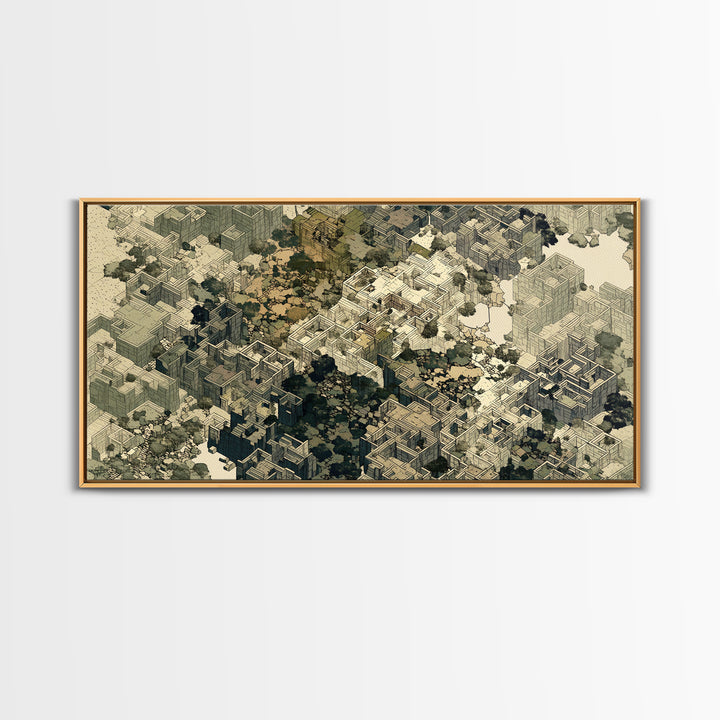 Sepia Isometric Floating City Canvas Print, African Inspired Urban Architecture, Abstract Wall Decor, Modern Office Art Gift