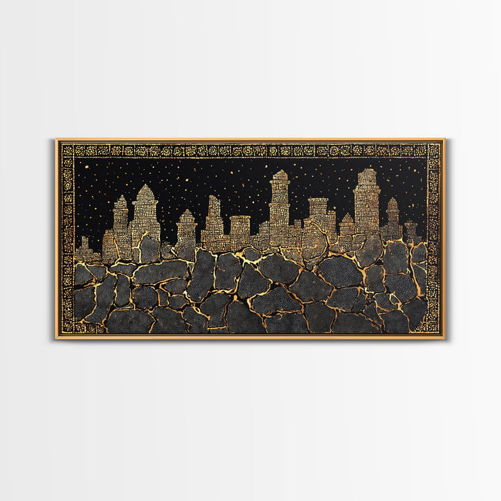 Black Gold Skyline And Cracked Earth Wall Art, African Inspired Cityscape, Luxury Canvas Decor, Bold Statement Home Decor