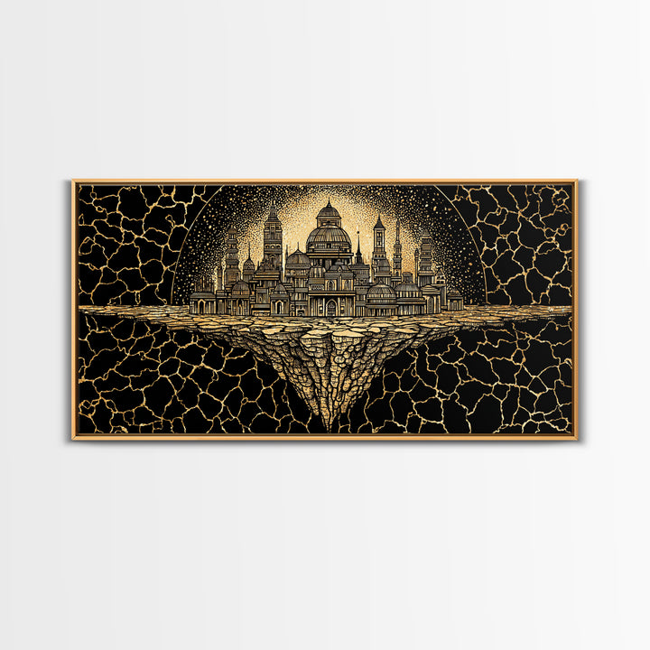 Golden African Kingdom City Wall Art, Black And Gold Geometric Decor, Afrocentric Spiritual Art, Luxury Canvas Print Poster
