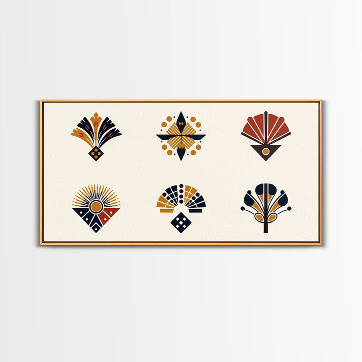 Minimal African Fan Motif Wall Art, Boho Geometric Pattern Decor, Abstract African Art, Earth Tone Canvas Print Set Gift