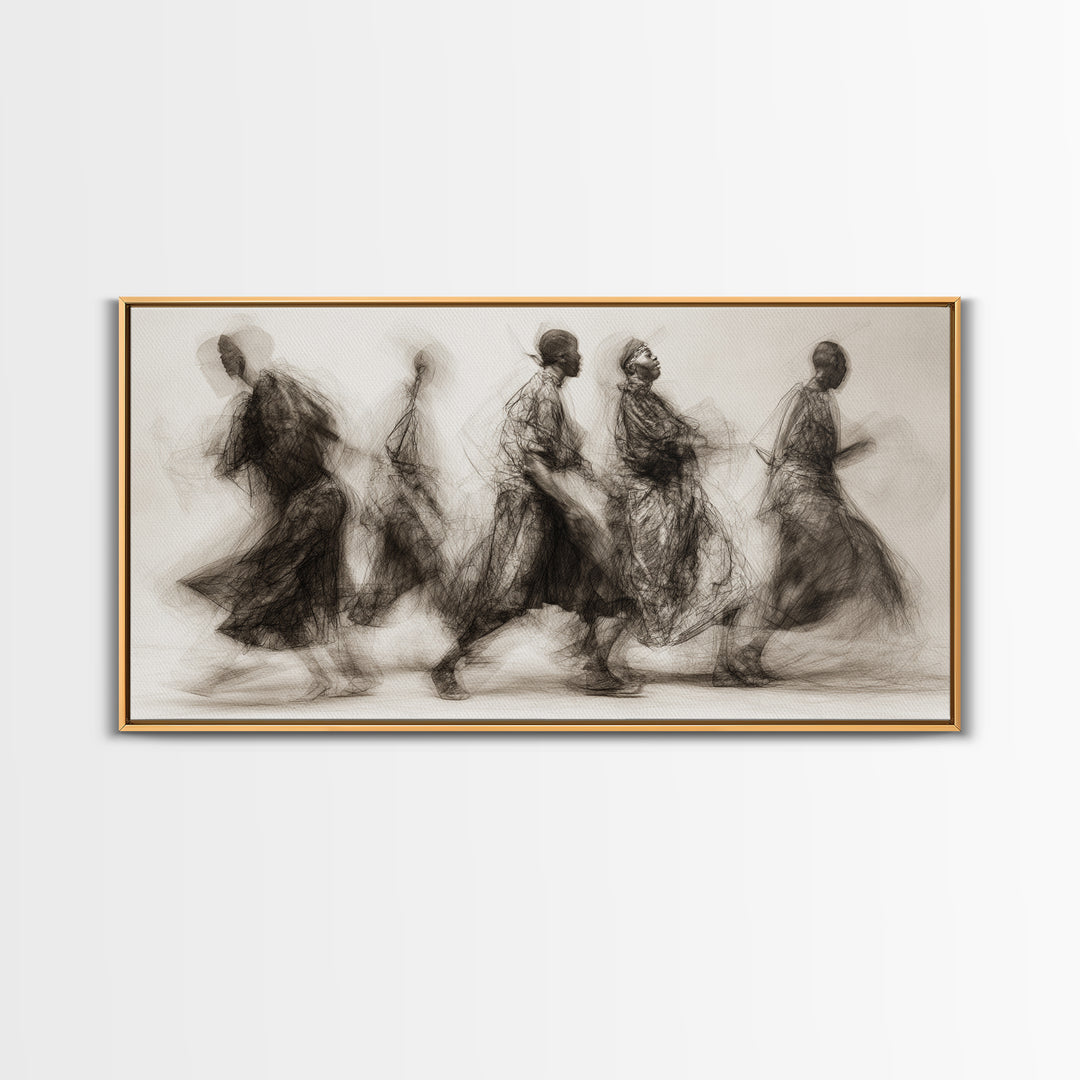 Charcoal African Procession Silhouettes Wall Art, Traditional African Decor, Cultural Canvas Print For Living Room Home Decor Gift