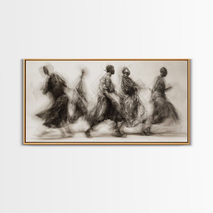 Charcoal African Procession Silhouettes Wall Art, Traditional African Decor, Cultural Canvas Print For Living Room Home Decor Gift