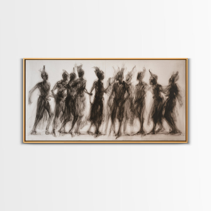 Charcoal African Women Dance Silhouettes Wall Art, Feminine Cultural Canvas Print, Afrocentric Decor Gift For Home Living Room