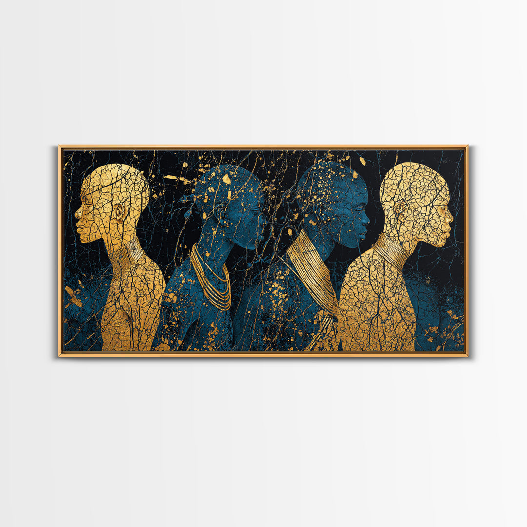 Gold And Teal African Women Silhouettes Wall Art, Afrocentric Black Woman Portrait, Luxury Canvas Decor, Black Gold Print