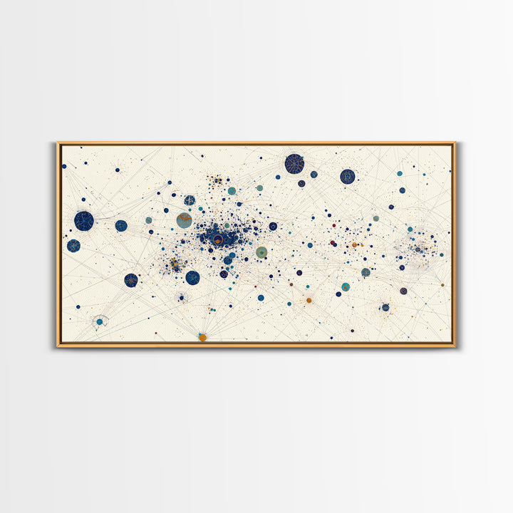 Cream Blue Gold Dot Constellation Network Wall Art, Abstract Geometric Canvas Print, Minimalist Modern Office Decor Gift
