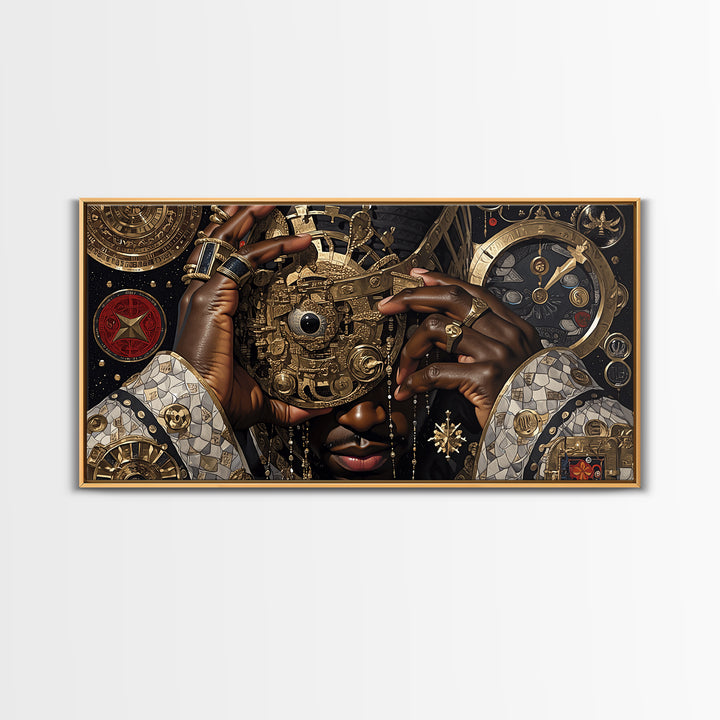 Afrofuturist Golden Mask Portrait Framed Canvas Print, African Wall Art, Black Culture Art, Luxury Afrocentric Home Decor