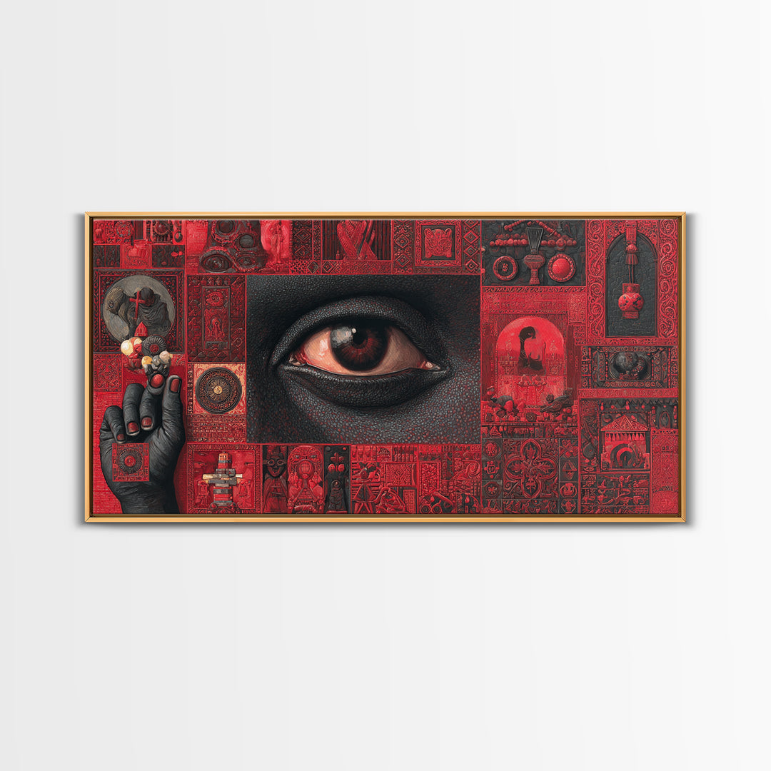 Red Mystic Eye Tribal Collage Canvas Print, African Mask Art, Afrocentric Wall Decor, Bold Cultural Artwork For Home Office