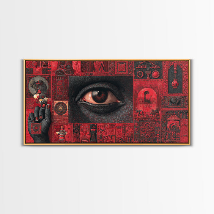 Red Mystic Eye Tribal Collage Canvas Print, African Mask Art, Afrocentric Wall Decor, Bold Cultural Artwork For Home Office