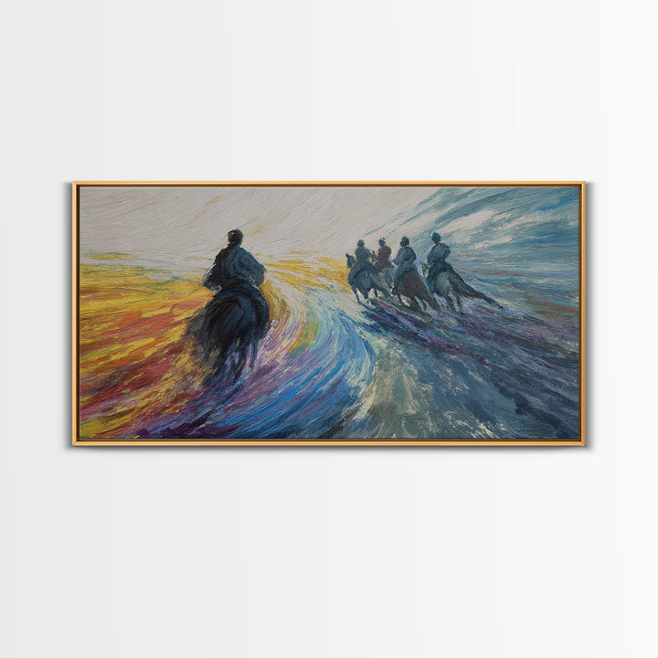 Galloping Horsemen Dawn Landscape Canvas Print, African Warrior Art, Dynamic Modern Wall Decor For Office And Living Room