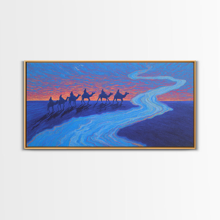 Camel Caravan Blue Desert Wall Art, African Safari Art Print, Dreamy Sunset Landscape For Boho Bedroom And Travel Decor Gift
