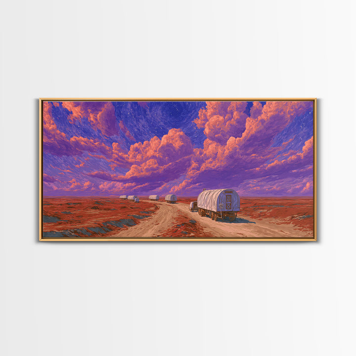 Desert Wagons Under Purple Sky Canvas Print, African Landscape Wall Art, Modern Safari Travel Home Decor For Living Room