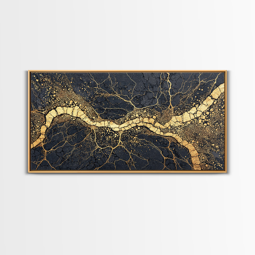 Black Gold Cracked Earth River Framed Canvas Print, Abstract African Art, Luxury Geometric Wall Decor For Modern Home Office