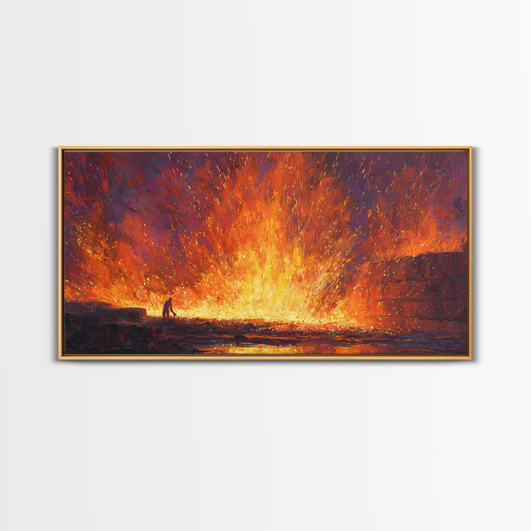Molten Foundry Firestorm Framed Canvas Print, Fiery Industrial Wall Art, Orange Abstract Painting, Statement Living Room Decor