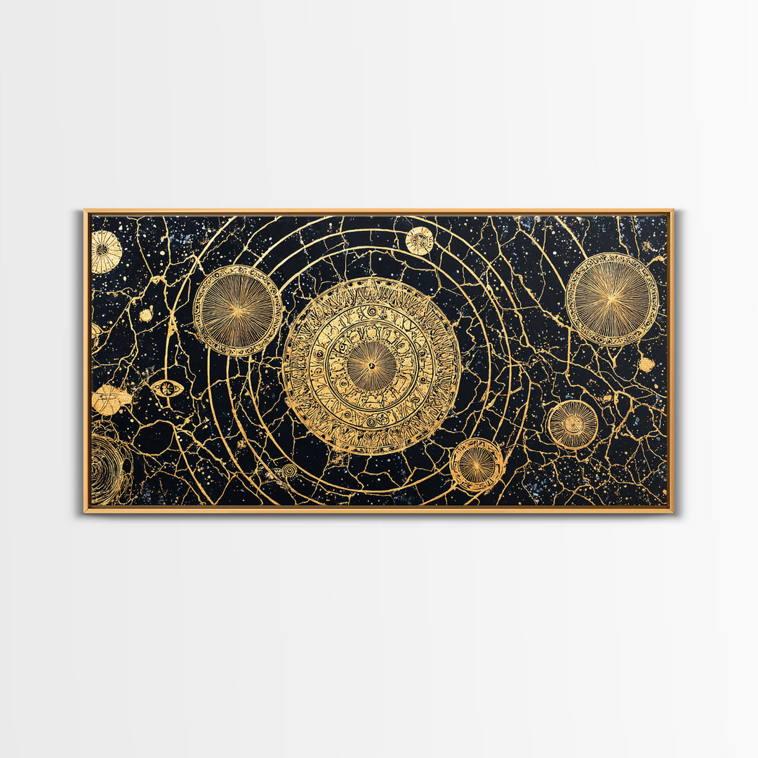 Gold Celestial Mandala Map Wall Art, African Abstract Black And Gold Decor, Luxury Canvas, Spiritual Boho Home Decor, Statement Piece