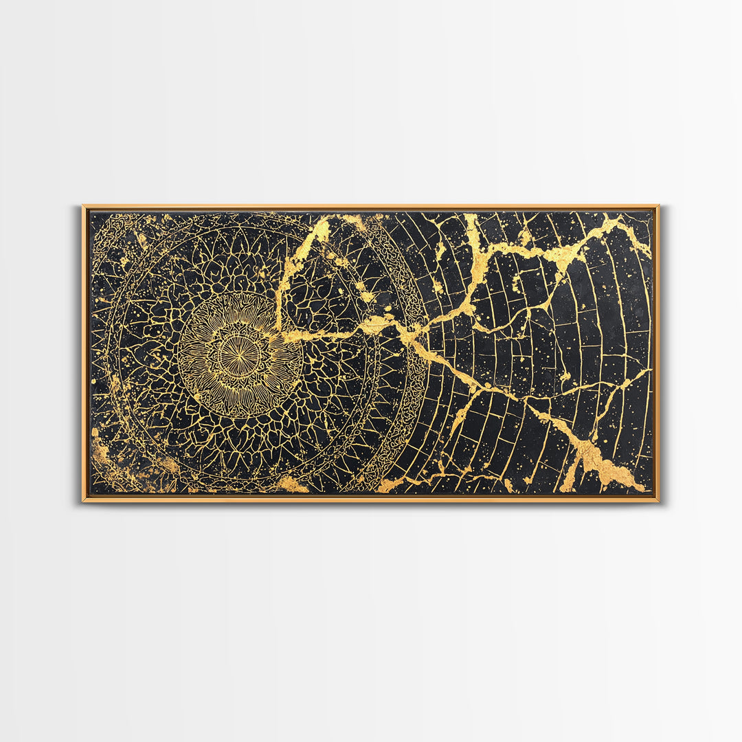 Gold Spiral Geometric Web Wall Art, Abstract African Art Print, Black Gold Decor, Modern Boho Statement Canvas For Living Room