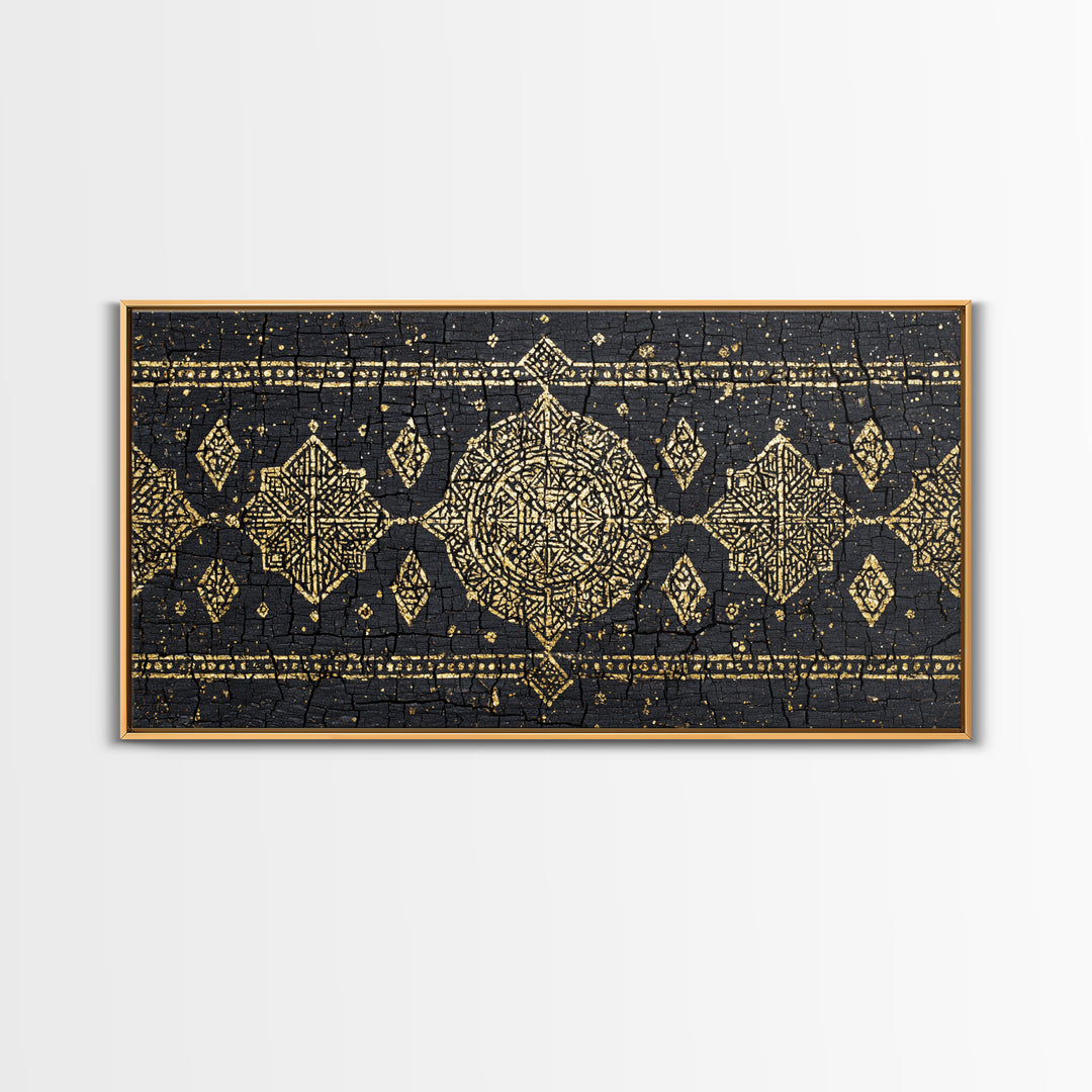 Gold Mud Cloth Geometric Framed Canvas Print, African Patterns, Tribal Art Decor, Black Gold Boho Wall Decor For Living Room