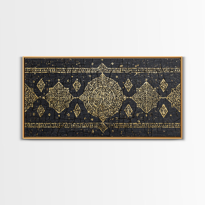 Gold Mud Cloth Geometric Framed Canvas Print, African Patterns, Tribal Art Decor, Black Gold Boho Wall Decor For Living Room