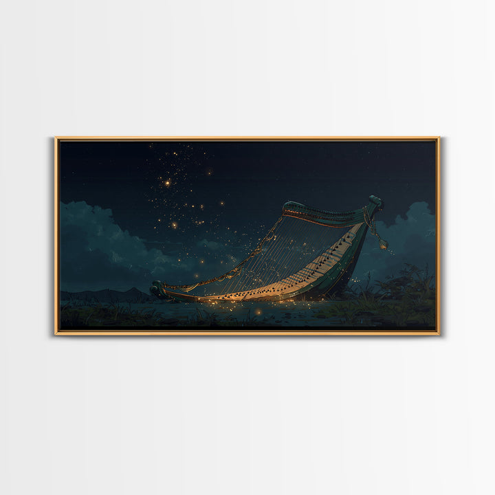 Glowing African Kora Harp Canvas Print, Night Music Wall Decor, Cultural Art Print, Starry Blue Afrocentric Home Decor, Gift For Him