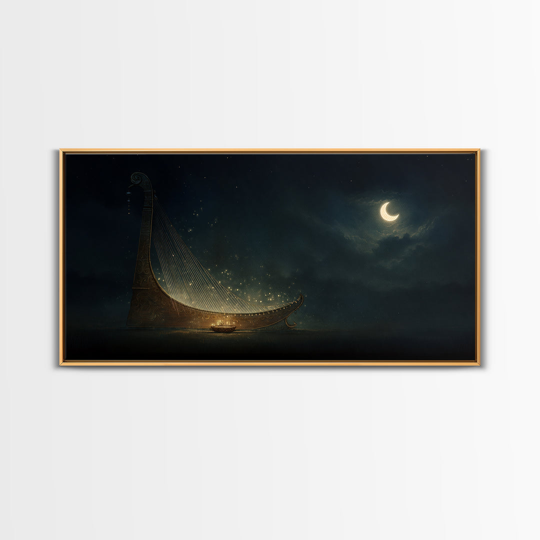 Moonlit African Kora Harp Framed Canvas Print, Crescent Moon Music Wall Decor, Spiritual Afrocentric Art, Dreamy Night Gift