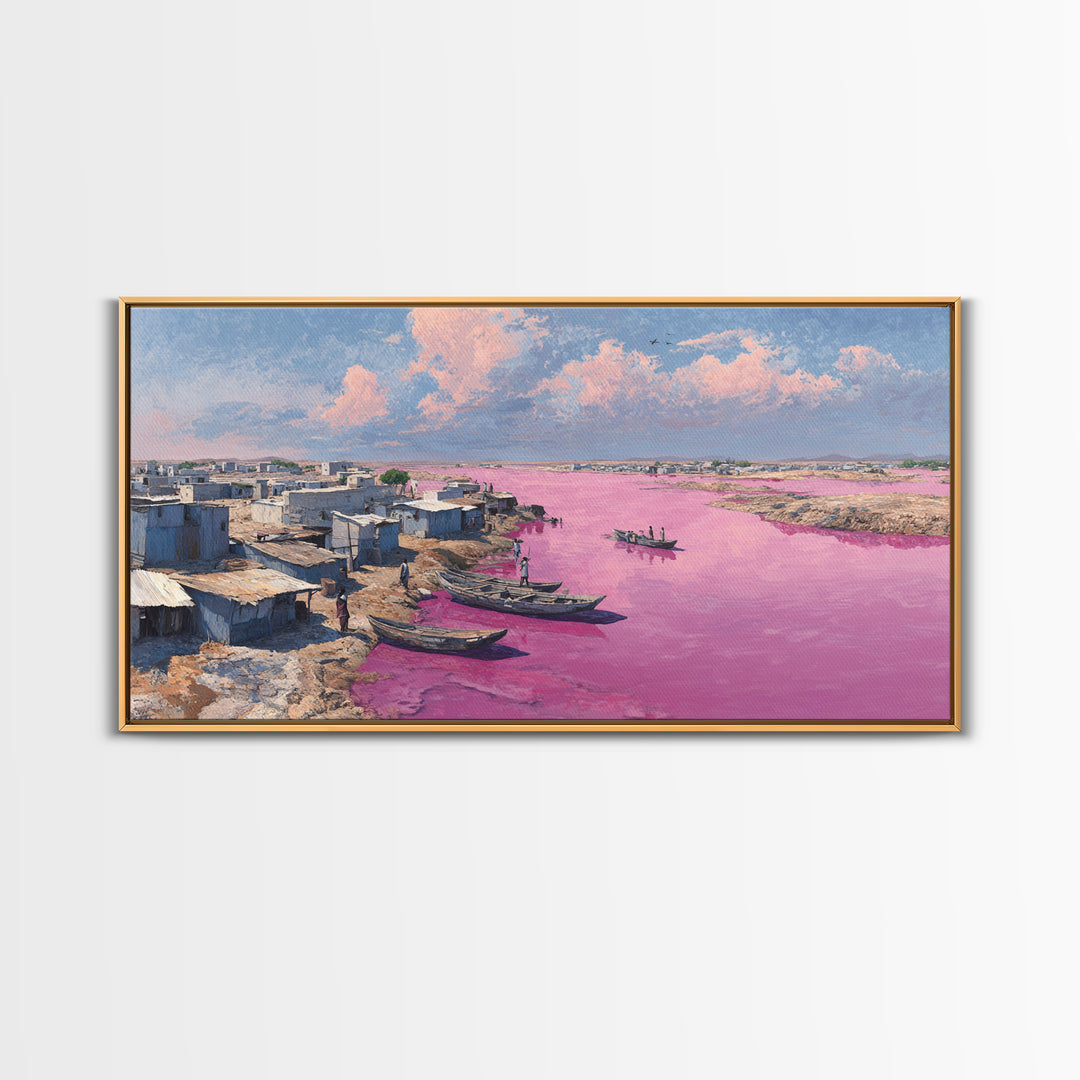 Pink River African Village Wall Art, West African Landscape, Coastal Boat Scene, Serene Travel Decor For Living Room Canvas Gift