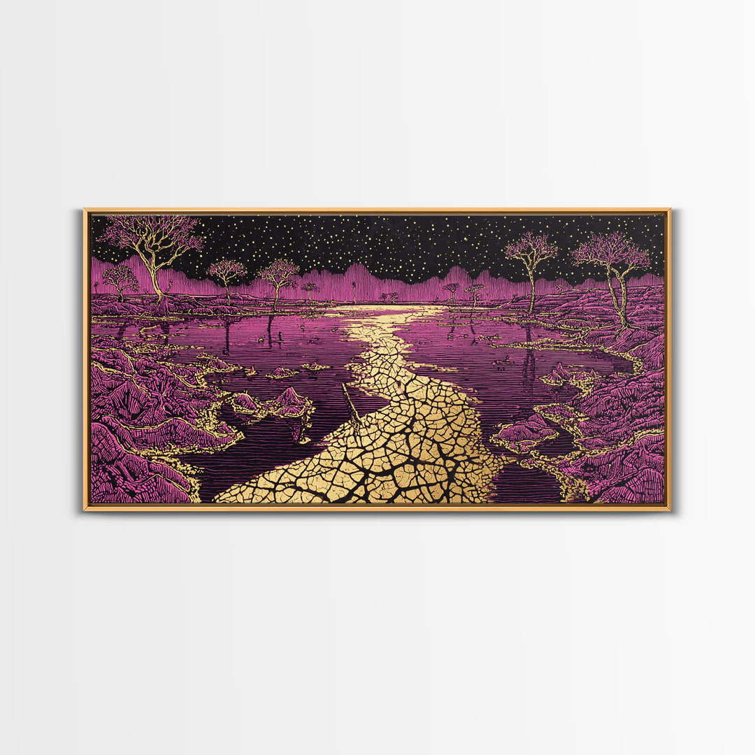 Mystic Purple Savannah Path Wall Art, African Tree Landscape, Starry Night Boho Decor, Spiritual Canvas For Living Room Gift