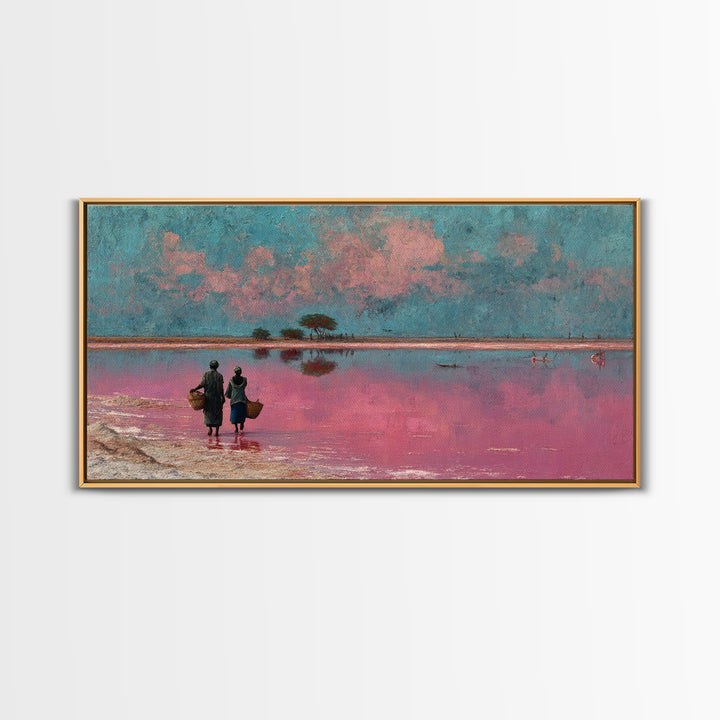 African Women At Pink Lake Wall Art, Pastel Landscape Painting, Motherland Travel Decor, Feminine Canvas For Living Room