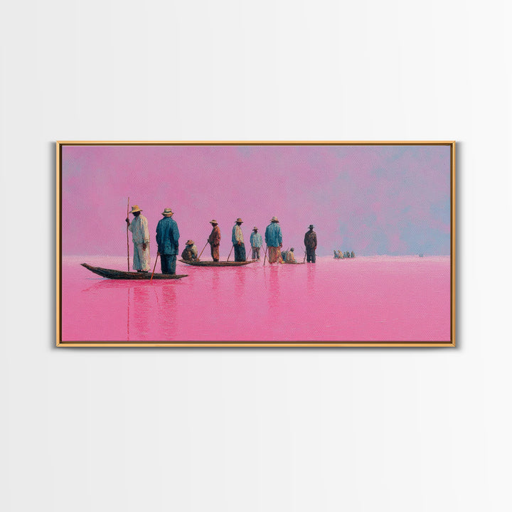 Pink Lake Fishermen On Long Boat Canvas Print, African Travel Landscape, Minimalist Coastal Decor For Modern Living Room