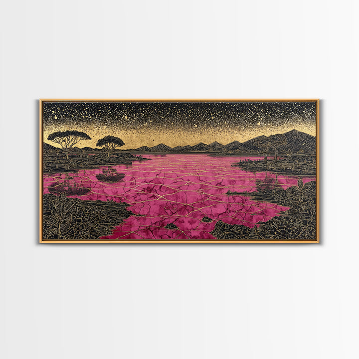 Cracked Pink Lake Savannah Wall Art, African Landscape, Black Gold Boho Decor, Serengeti Inspired Canvas For Living Room