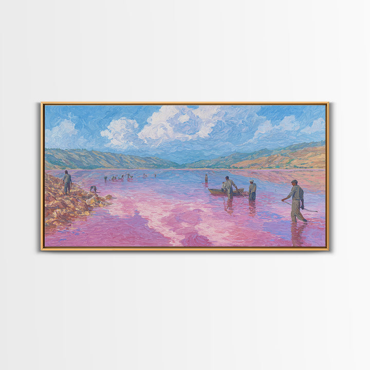 Pastel Salt Lake Workers Canvas Print, African Landscape Wall Decor, Pink Water Painting, Mountain Travel Art Gift, Living Room Decor