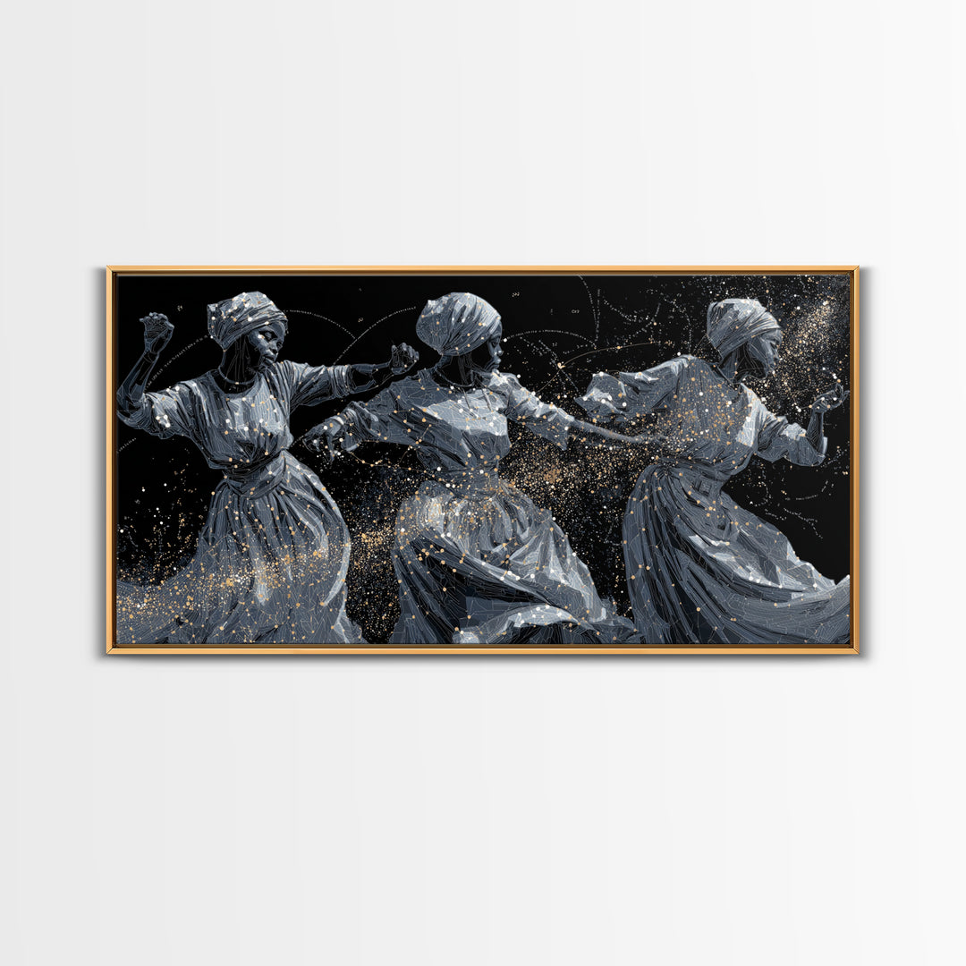 Three Dancing African Women Wall Art, Black And Gold Figurative Painting, Afrocentric Home Decor, Cultural Canvas Gift For Her