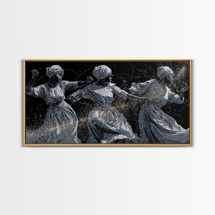 Three Dancing African Women Wall Art, Black And Gold Figurative Painting, Afrocentric Home Decor, Cultural Canvas Gift For Her