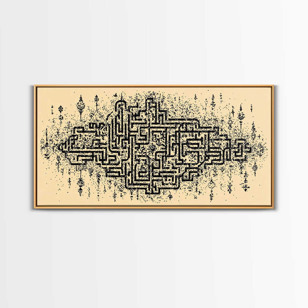 Ancient Maze Pattern Wall Art, Abstract African Textile Inspired Print, Beige Black Geometric Decor, Cultural Canvas Gift
