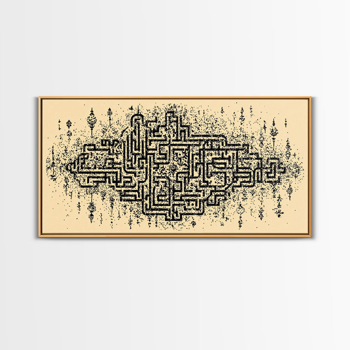 Ancient Maze Pattern Wall Art, Abstract African Textile Inspired Print, Beige Black Geometric Decor, Cultural Canvas Gift
