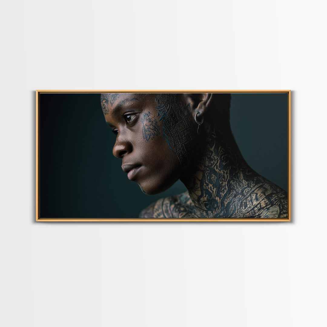 Tattooed Black Woman Portrait Framed Canvas Print, African Beauty Wall Art, Dramatic Profile Photography, Melanin Decor Gift