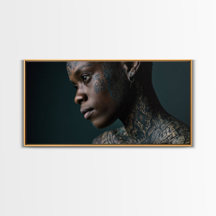 Tattooed Black Woman Portrait Framed Canvas Print, African Beauty Wall Art, Dramatic Profile Photography, Melanin Decor Gift