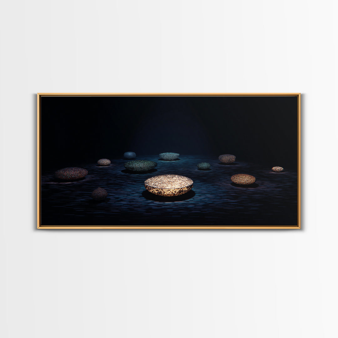 Glowing Beaded Bowls Wall Art, Abstract African Night Water Scene, Luxury Dark Canvas Decor, Modern Gallery Gift For Living Room