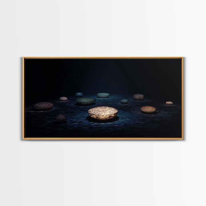 Glowing Beaded Bowls Wall Art, Abstract African Night Water Scene, Luxury Dark Canvas Decor, Modern Gallery Gift For Living Room